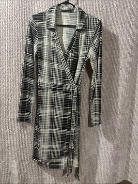 Have Black and White Plaid Wrap Dress with Tie Waist